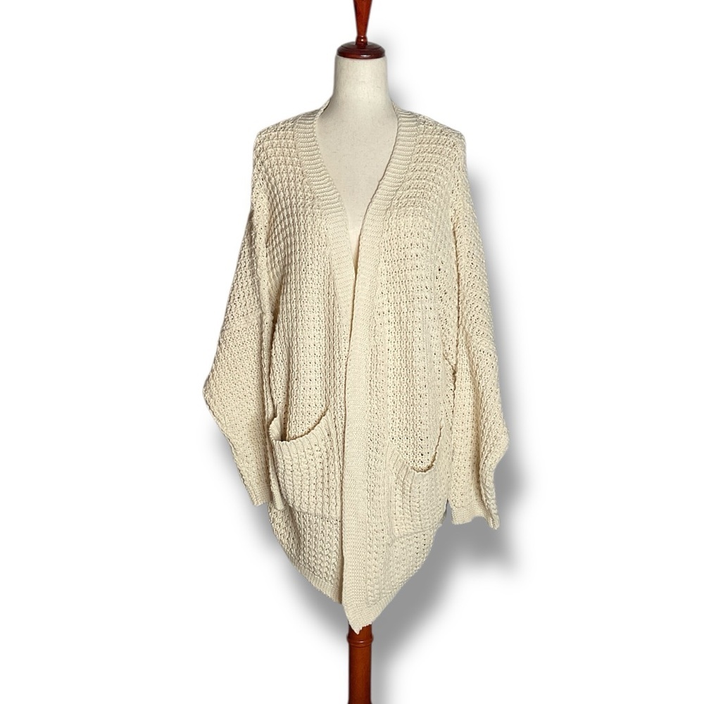 William B Cream Waffle Knit Oversized Long Open Front Cardigan Size Small - Picture 2 of 7